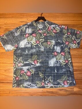 Tommy Bahama Silk Hawaiian Shirt XL Gray Floral Camp